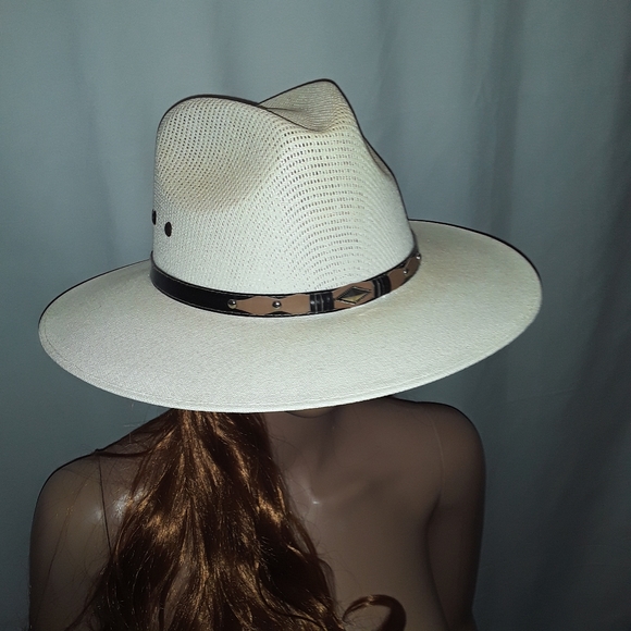 Moksman Hats Unisex Made in Mexico Large Tan Straw Cowboy Hat w/ Decals Accents - Picture 11 of 14